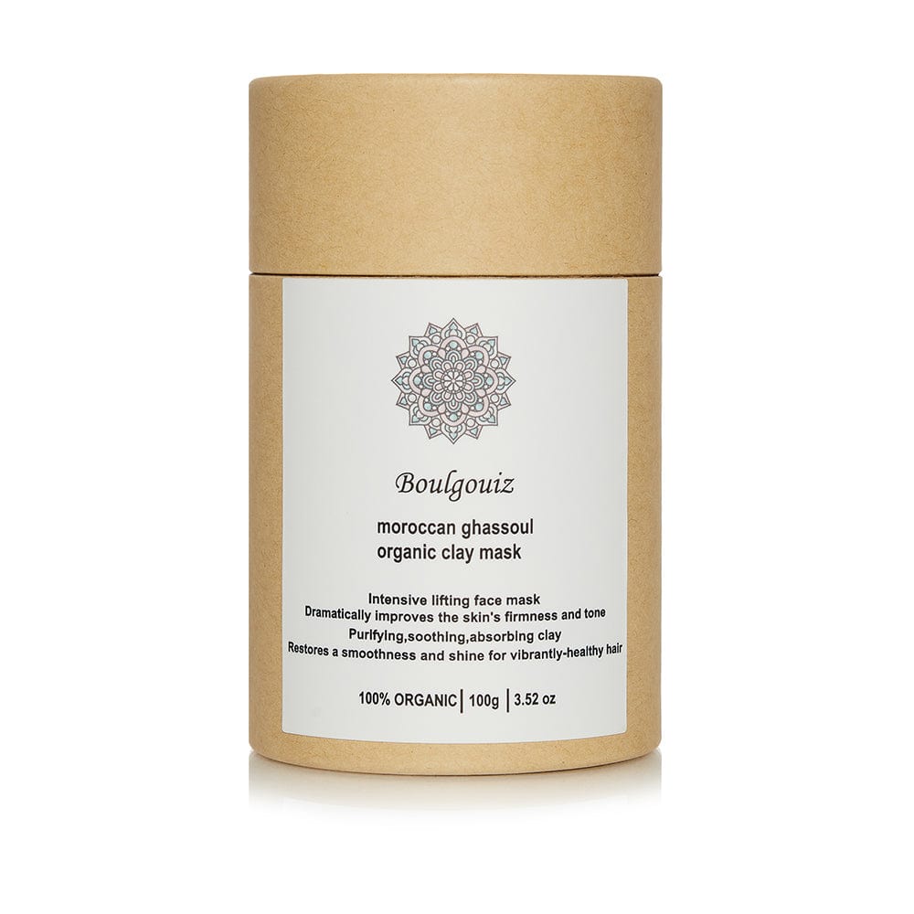 Cardboard box of Boulgouiz Organic Ghassoul Clay Mask on a white background