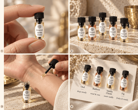 Boulgouiz perfume oil samples, application to the wrist and a selection of scents for exploring fragrance combinations.